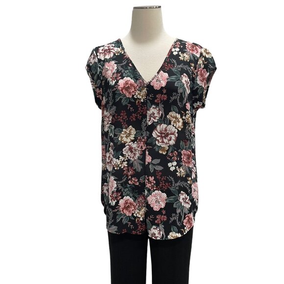 Floral V-Neck Blouse M V-Back Strap Detail Elegant Casual Fall Feminine Office - Picture 9 of 9
